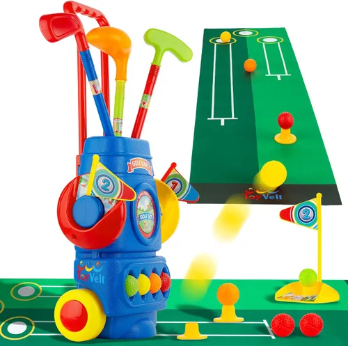 ToyVelt Juego de golf para niños pequeños, palos de golf para niños con 6 pelotas, 4 palos de golf, 2 agujeros de práctica y una alfombrilla de Azul