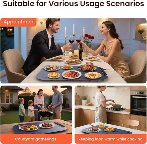 Miniatura 6 de Tapete de calentamiento de alimentos de 24 x 16 pulgadas, almohadillas de calentamiento de temperatura de 3 niveles para alimentos, almohadilla