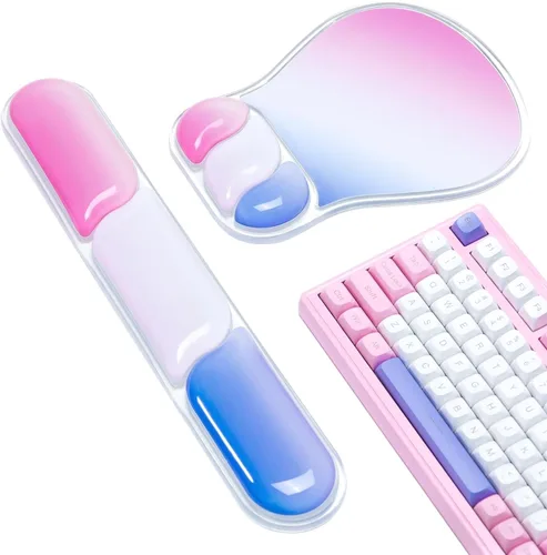 Ospelelf Juego de alfombrilla de mouse con reposamuñecas de gel ergonómico para teclado, soporte de muñeca con parte inferior de goma Rosa y azul