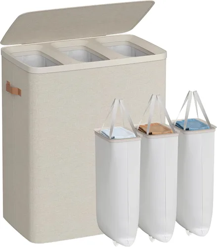 Miniatura 14 de SONGMICS Cesta de lavandería de 17.2 galones, fácil montaje, con tapa y asas, forro extraíble, 15.4 x 8.7 x 29.5 pulgadas, beige capuchino