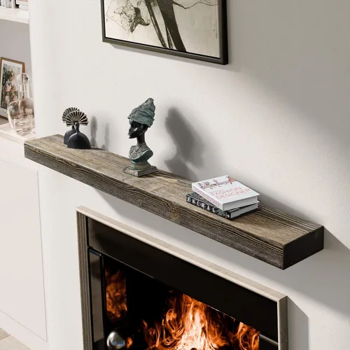 Miniatura 6 de BoscoMondo Repisa de Chimenea de 48 Pulgadas - Madera Rústica Sólida - Estante Flotante Estilo Granja Montado en Pared - con Soporte de Metal