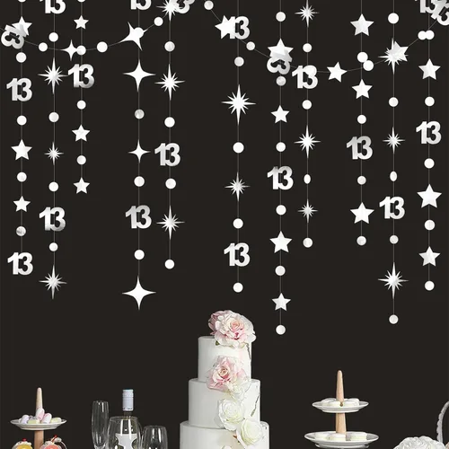 Miniatura 11 de Decoraciones Negras de Cumpleaños Número 13 Círculo Punto Estrella Centelleante Guirnalda Serpentina Colgante Metálica Banderín Banner Telón de Negro