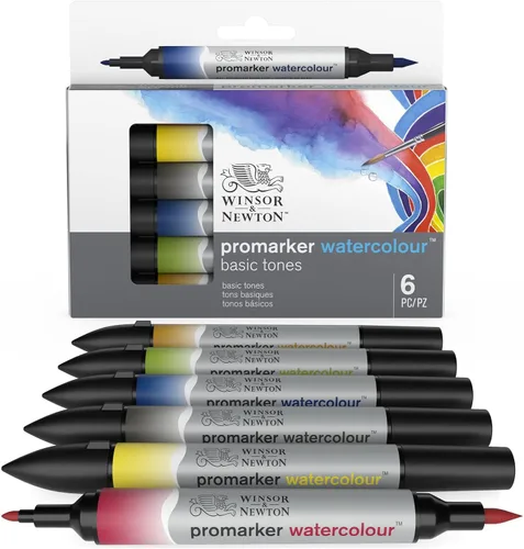 Winsor & Newton ProMarker - Juego de marcadores de acuarela, 6 unidades, tonos básicos