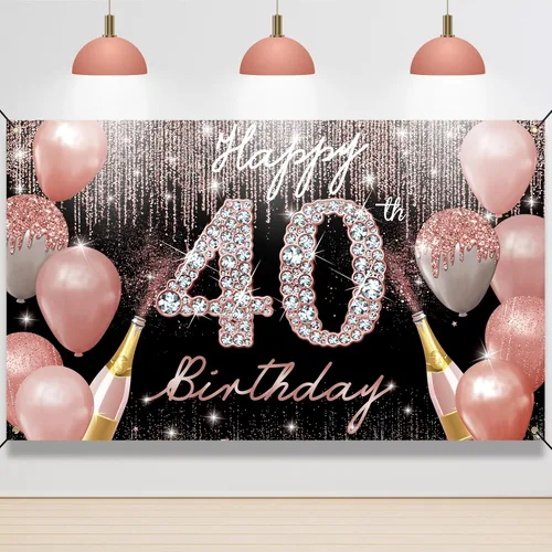 Cartel de fondo de feliz cumpleaños 40, decoración de cumpleaños 40 para mujer, oro rosa, cartel de fiesta de cumpleaños de 40 años, cartel de fondo