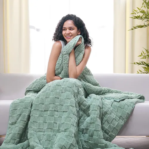 Miniatura 11 de Manta con peso de 15 libras, tamaño twin, manta con peso de sherpa a cuadros 3D de jacquard suave y elegante para adultos, manta de cama acogedora