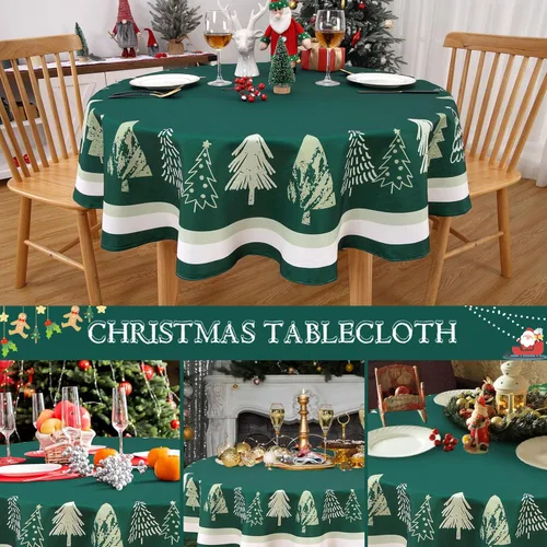 Miniatura 7 de ROYGROW Mantel redondo de Navidad de 60 pulgadas, decoración de Navidad, árbol de Navidad, mantel de Navidad verde, mantel decorativo