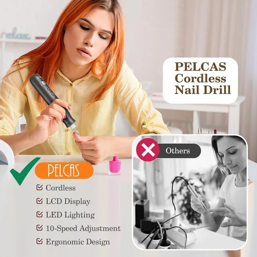 Miniatura 3 de PELCAS Limadora de Uñas Eléctrica, taladro de uñas inalámbrico de 10 velocidades con luz LED, kit portátil de manicura y pedicura, lima de uñas