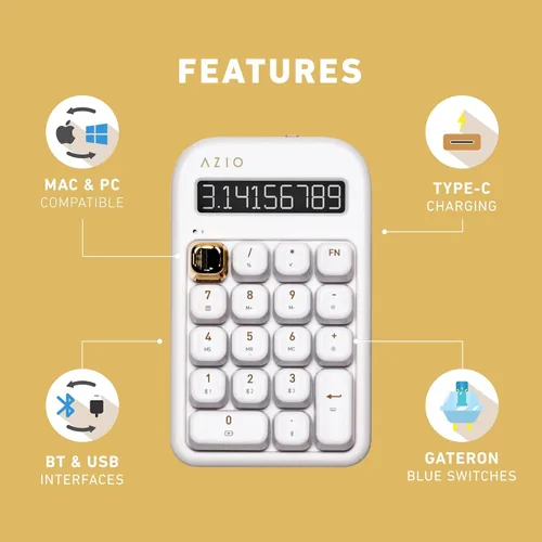 Miniatura 5 de AZIO IZO Calculadora mecánica inalámbrica y teclado numérico (Blanco/Oro) - Bluetooth 5.0 y USB, interruptor mecánico Gateron-Azul, 9 modos