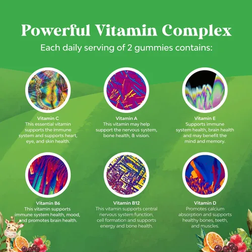 Miniatura 3 de Gomitas multivitamínicas a base de plantas para niños, multivitamínico para niños, apoyo inmunológico con vitaminas A, C, D3, E, B6 y B12, zinc