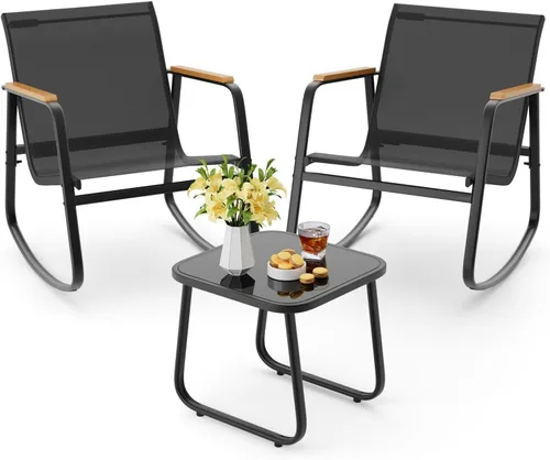 Aiho Juego de Bistró Mecedor de 3 Piezas, Juego de Muebles de Patio de Tela Textilene, Sillas Mecedoras de Porche Delantero con Mesa de Café para