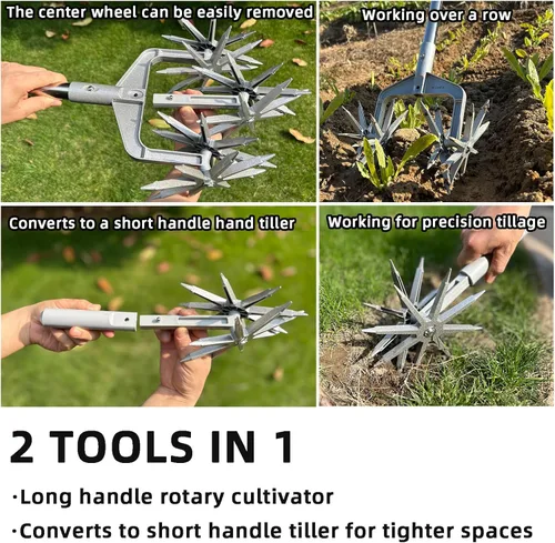 Miniatura 4 de Cultivador giratorio, herramienta de jardín ajustable con púas de metal sólido desmontables para aflojar y mezclar tierra, cultivador de jardín