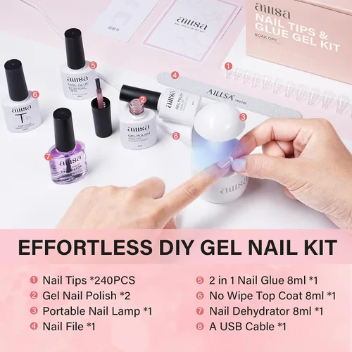 Miniatura 4 de AILLSA Kit de uñas almendra con lámpara UV, 240 piezas de puntas de uñas cortas de gel y kit de pegamento en gel con pegamento de uñas 2 en 1, capa