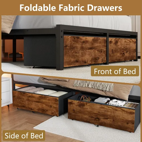 Miniatura 9 de Forestell Base de cama Queen con cabecera de madera, cama de plataforma de metal con 2 cajones de almacenamiento y estante, estación de carga Marrón