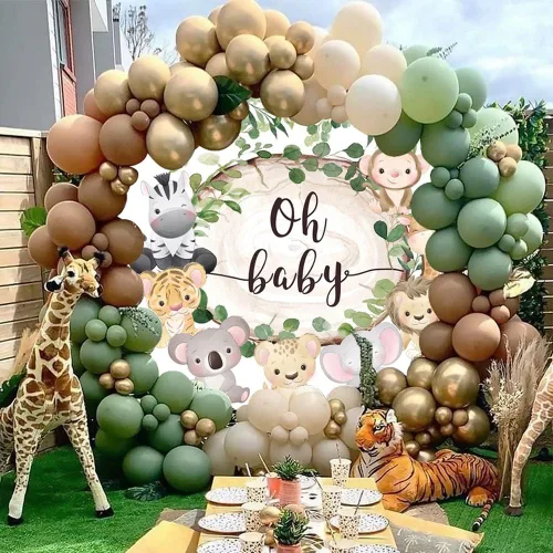 Miniatura 2 de Telón de fondo redondo de animales de la selva Oh Baby de 3 x 3 pies, diseño de jirafa, elefante, mono, fotografía, telón de fondo, para recién