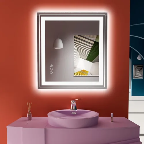 Snowdool - Espejo de baño LED, de 38 x 38 pulgadas, con luz delantera y trasera, antiempañamiento, espejo de tocador de baño para pared, con función