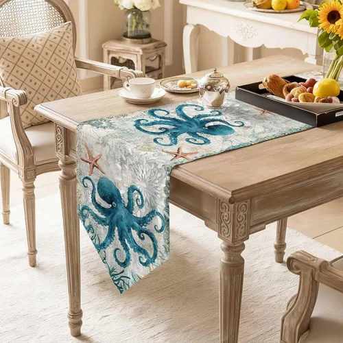 Miniatura 5 de Camino de mesa de verano pequeño de 13 x 36 pulgadas, acuarela azul, lino y algodón, pulpo de animales marinos, manteles retro con temática náutica