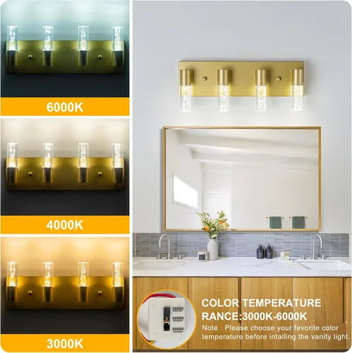 Miniatura 5 de Lámparas de tocador de baño sobre espejo con acabado dorado cepillado, 4 luces de tocador, apliques de pared para baño