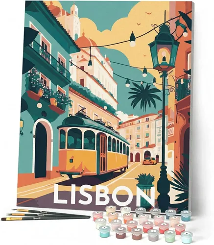 Miniatura 18 de Figured'Art Pintura por números para adultos Desayuno en un pueblo mediterráneo 16"x20" - Kit de pintura de arte artesanal lienzo enrollado sin marco