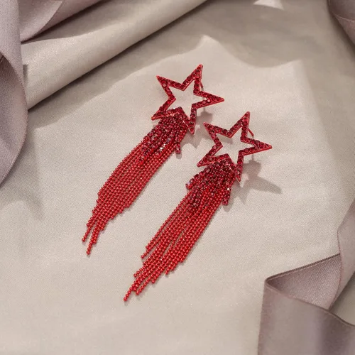 Miniatura 5 de EVER FAITH Aretes de borla de estrella para mujer, aretes largos de cristal de diamantes de imitación con cuentas de cascada con flecos, aretes