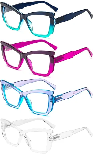 Miniatura 2 de Paquete de 4 elegantes lentes de lectura para mujer, a la moda, grandes, con bloqueo de luz azul, con bisagra de resorte