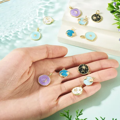 Miniatura 6 de Cheriswelry 12 dijes celestiales chapados en oro de 18 quilates con diseño de estrella, sol, luna, planos, redondos, esmaltados, colgantes, adornos