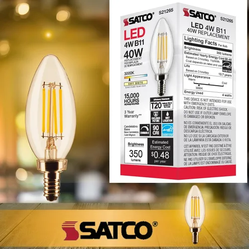 Miniatura 5 de Satco S21265 - Bombilla LED B11 de 4 W, 3000 K (2 bombillas)