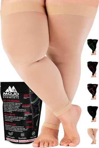 Calcetines de compresión Mojo - 20-30mmHg soporte graduado, mangas de pierna hasta la cadera con parte superior adhesiva - 10 tallas, 5 colores -