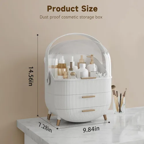 Miniatura 2 de BTGGG Organizador de maquillaje, organizador de maquillaje para tocador, almacenamiento de cosméticos de encimera con cajones y cubierta Blanco