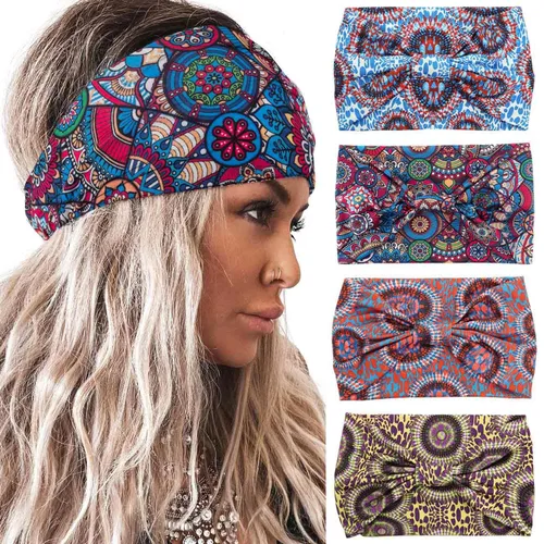 Miniatura 12 de Acenail Diademas anchas para mujer, turbante bohemio, diadema anudada, floral, elástica, antideslizante, para entrenamiento, yoga, bufandas