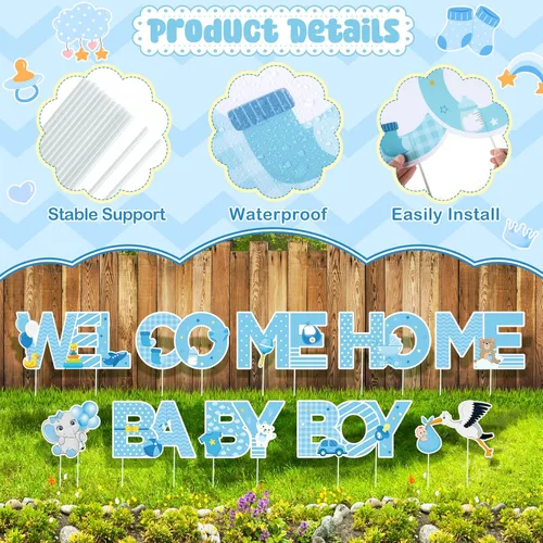 Miniatura 3 de Letrero de bienvenida para bebé niño con estacas, letrero azul de bienvenida para el patio del bebé, letrero de bienvenida con texto en inglés "It's