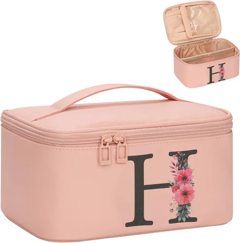 Miniatura 27 de OCHEAL Bolsa de maquillaje personalizada, bolsa de maquillaje beige para mujer, kit de aseo de viaje con monograma, organizador de cosméticos listo