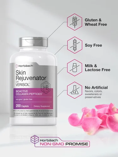 Miniatura 5 de Rejuvenecedor de piel Horbäach con Verisol Péptidos de colágeno bioactivos 200 cápsulas Suplemento sin OMG, sin gluten