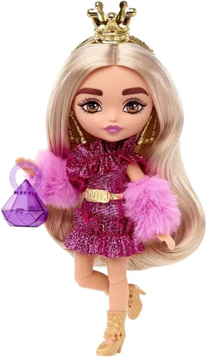 Miniatura 4 de Barbie Extra Minis - Muñeca y accesorios con cabello rubio con vestido brillante y encogedor peludo, 5.5 pulgadas