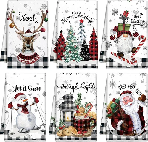 Miniatura 19 de Hosuly 6 Piezas Toallas de Cocina Navideñas Afroamericanas Paños de Platos de Santa Negro Toallas de Mano Navideñas Negras y Rojas Santa Ángel Acebo