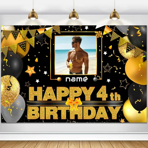 Miniatura 42 de Cartel decorativo personalizado de feliz cumpleaños número 100 - Personalización disponible - Negro y dorado - Tamaño grande - Admite fotos