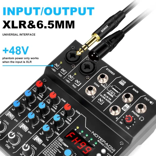 Miniatura 7 de AD14 Mezclador de audio profesional Placa de sonido Interfaz Sistema de consola 4 canales USB digital Bluetooth MP3 Entrada de computadora 48V