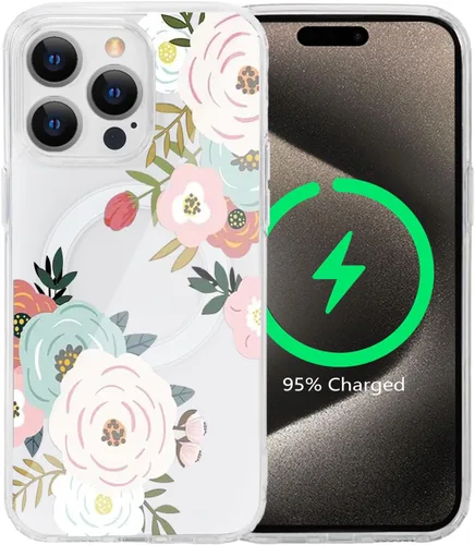 Miniatura 30 de Funda magnética de flores para iPhone 15 [compatible con MagSafe] Bonito patrón floral transparente a prueba de golpes