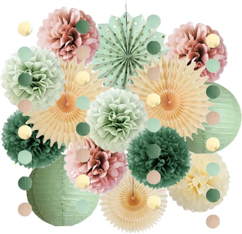 Decoraciones de fiesta de color verde salvia y rosa polvoriento, decoraciones de fiesta retro verde oliva y rosa polvorienta, pompones crema,