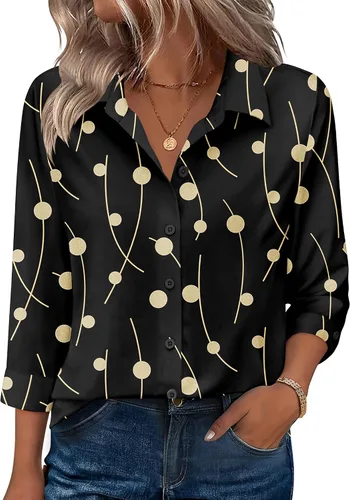 Miniatura 21 de Zeagoo Camisas con botones para mujer, manga 3/4, cuello en V, blusas con cuello en V, trajes casuales de negocios