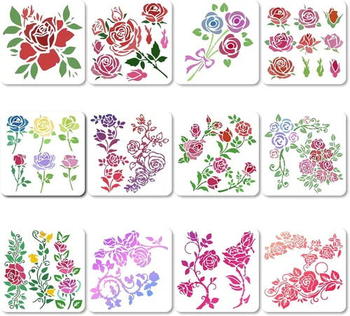 GORGECRAFT 12 estilos 7.1x7.1 in Rose Flowers Stencil Flores Hojas Plantillas Florales Brotes Florales Ramos de rosas Vines Ramas de Hojas Patrón de
