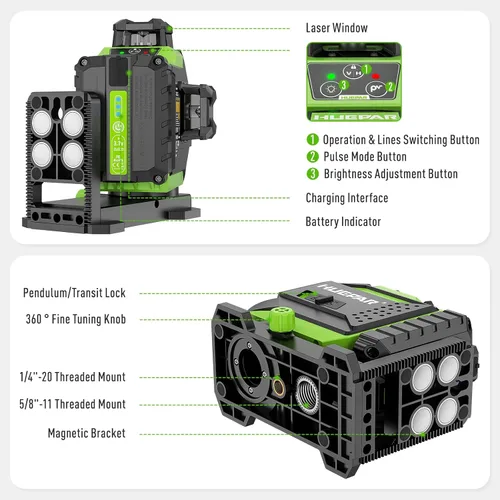 Miniatura 8 de Huepar Nivel láser 3 x 360 Láser autonivelante de línea cruzada Láser láser 3D verde con modo de pulso Herramienta láser de alineación con batería