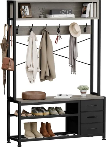 Miniatura 12 de Lulive Perchero de pie con banco y almacenamiento de zapatos, perchero independiente de 31.5" con estante de almacenamiento de 2 niveles, banco
