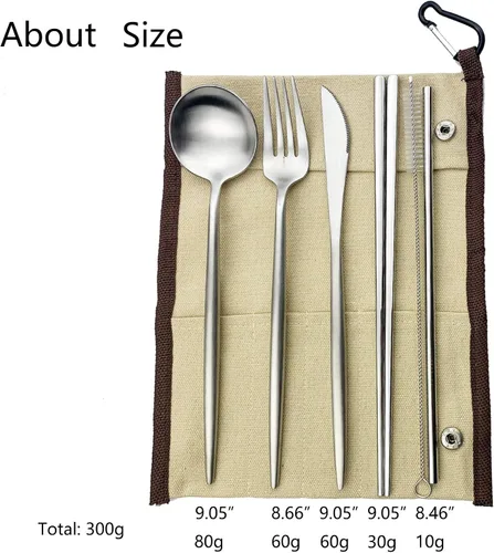 Miniatura 3 de JASHII El juego de cubiertos de viaje incluye cuchillo reutilizable, tenedor, cuchara, palillos, pajilla, utensilios ecológicos, utensilios