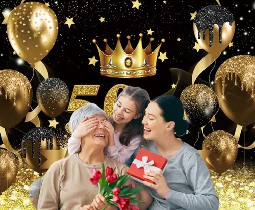 Miniatura 6 de Telón de fondo para fotografía de cumpleaños número 50 para mujeres y hombres, globo con purpurina negra y dorada, telón de fondo para fotos