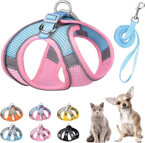 Miniatura 9 de Juego de arnés y correa suave para perros pequeños y pequeños, arnés de malla para cachorros, correa de fácil paseo, chaleco ajustable reflectante