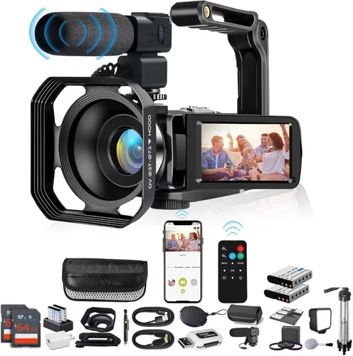 Acuvar Videocámara 4K 60FPS 48MP con WiFi, zoom 18X, pantalla abatible, micrófono externo, estabilizador y trípode, kit de cámara de vlogging con 2
