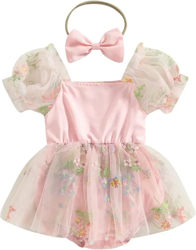 Miniatura 22 de Mameluco para bebés y niñas de 3, 6, 9, 12, 18 meses, enterizo de manga corta, fruncido, faldas y dobladillo, diadema
