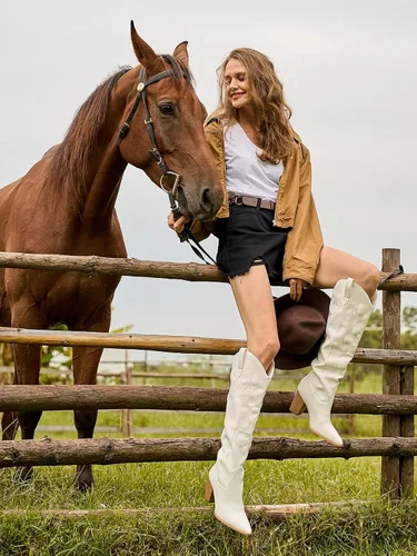 Miniatura 6 de Mostrin Botas vaqueras bordadas para mujer, botas vaqueras con punta puntiaguda, botas altas hasta la rodilla, tacón grueso, botas occidentales