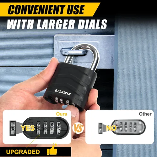 Miniatura 5 de DELSWIN Paquete de 3 candados de combinación grande, 4 dígitos reiniciables con grillete de acero endurecido, cuerpo de aluminio de seguridad