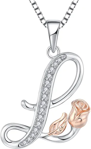 STARCHENIE Collar con inicial para mujer, plata de ley, 26 letras del alfabeto, colgante de flor de rosa, regalos para familiares, hermanas y amigas